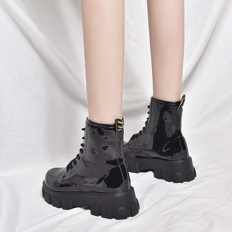 Bottines en Cuir à Plate-Forme- Bout Rond pour Femmes- Gold Design