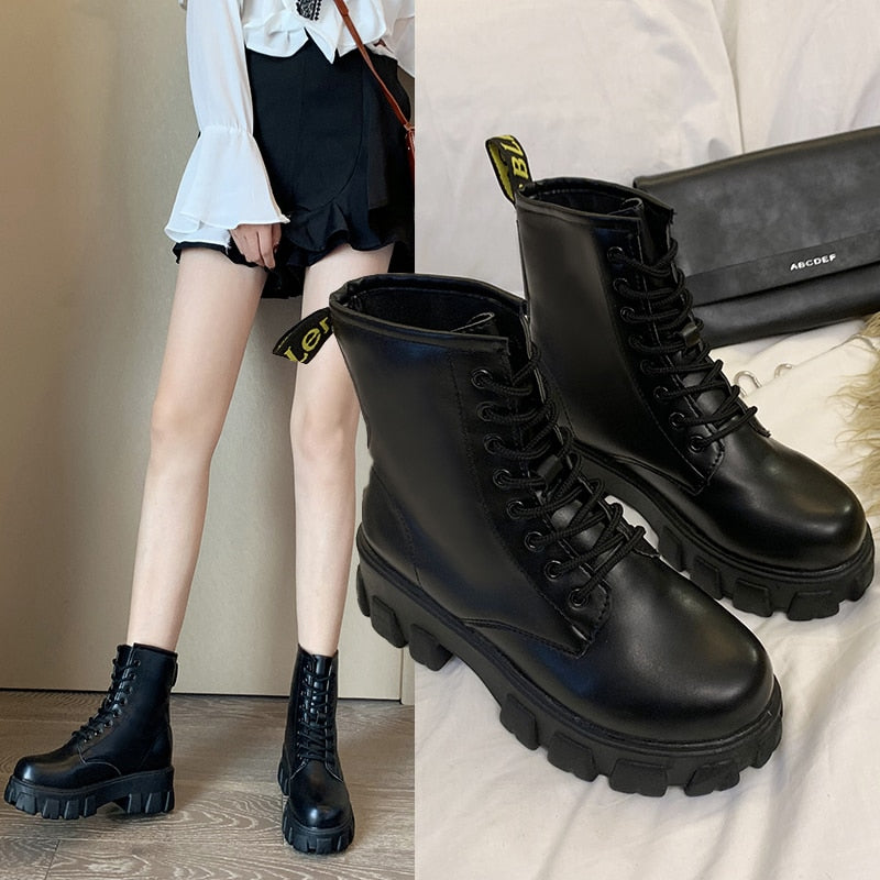 Bottines en Cuir à Plate-Forme- Bout Rond pour Femmes- Gold Design