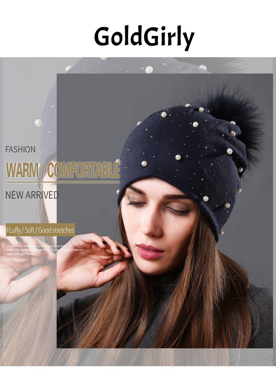 Bonnet brodé de perles collection Mode hiver Fourrure Naturelle tient chaud