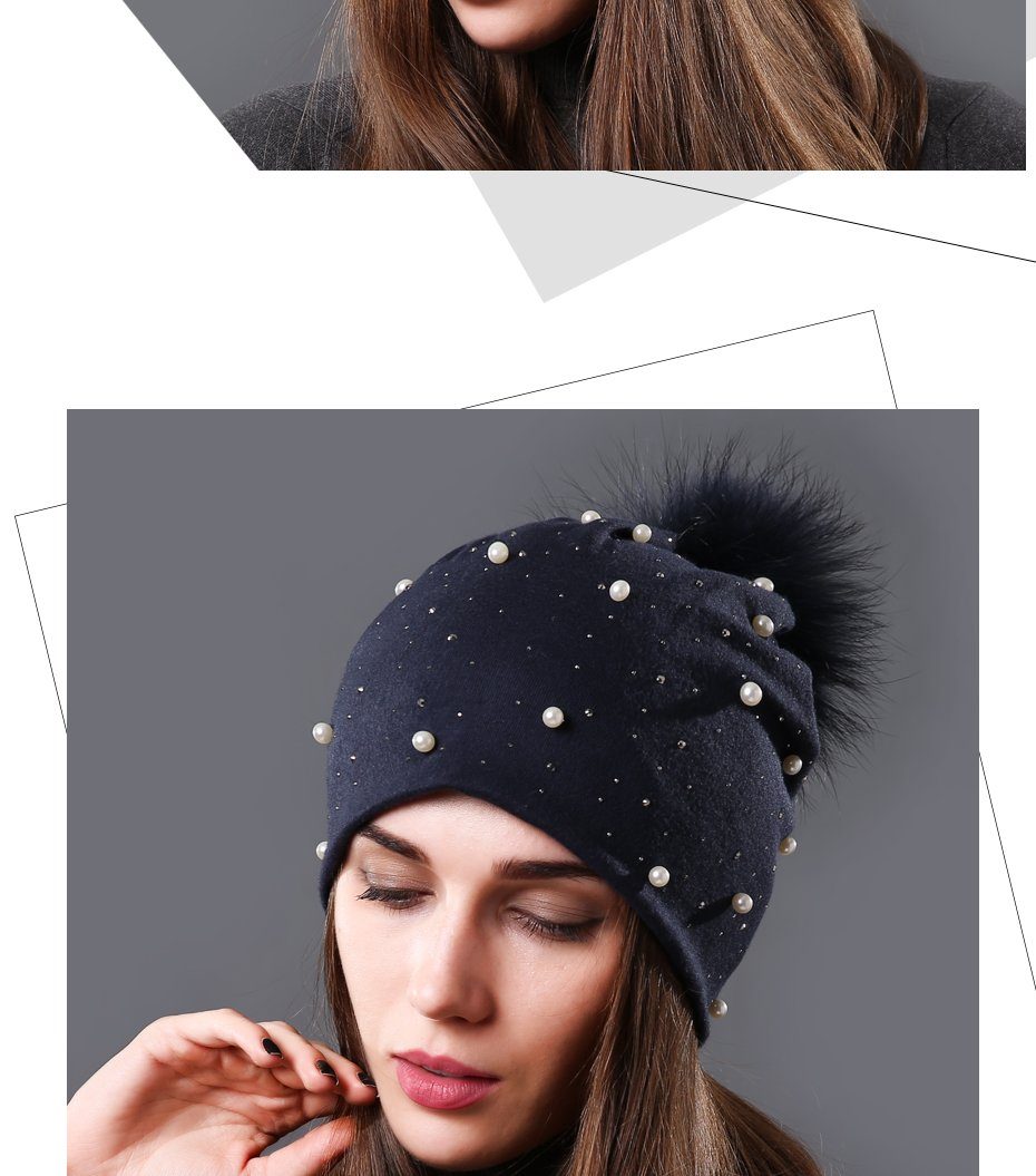Bonnet brodé de perles collection Mode hiver Fourrure Naturelle tient chaud