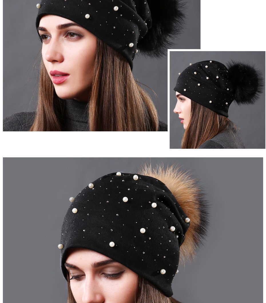 Bonnet brodé de perles collection Mode hiver Fourrure Naturelle tient chaud