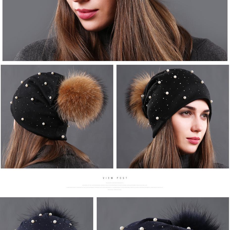 Bonnet brodé de perles collection Mode hiver Fourrure Naturelle tient chaud