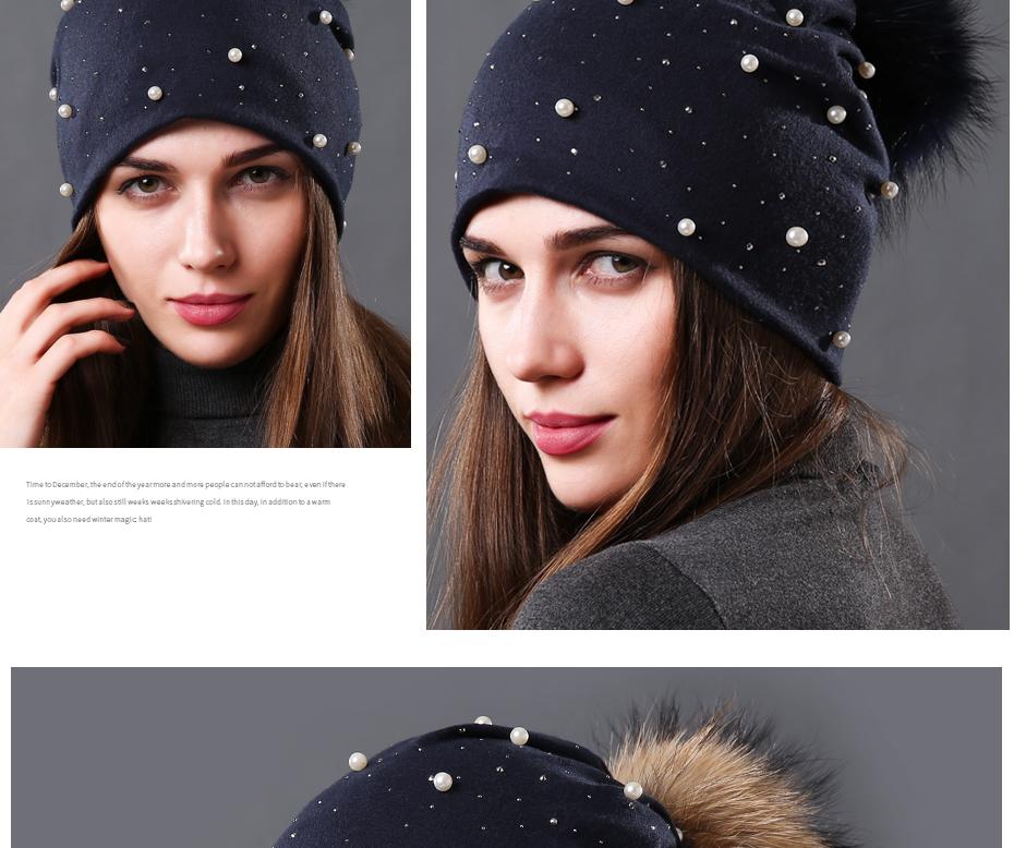 Bonnet brodé de perles collection Mode hiver Fourrure Naturelle tient chaud