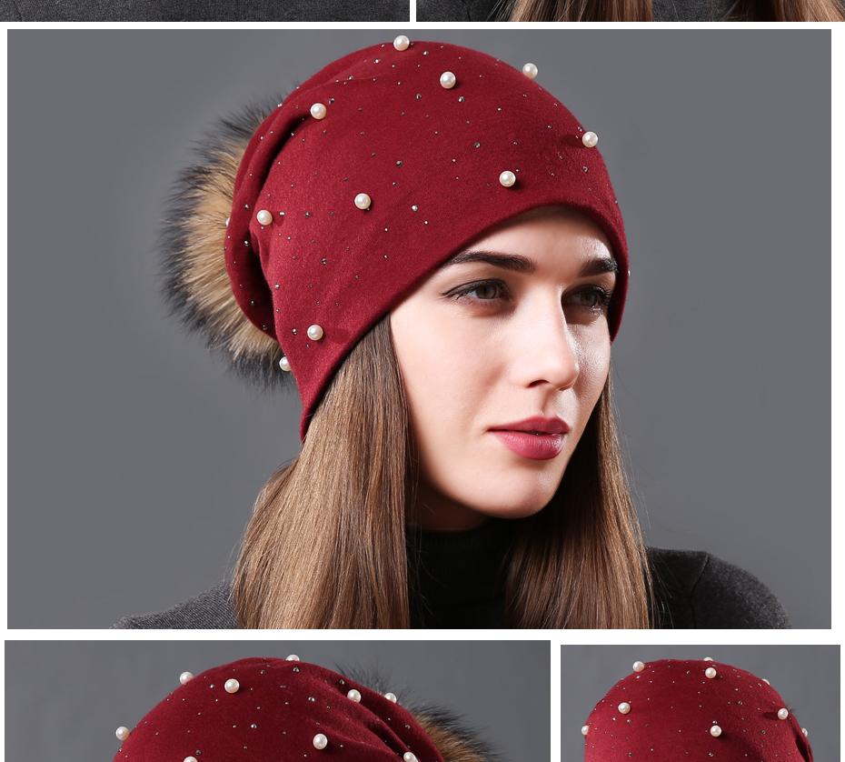 Bonnet brodé de perles collection Mode hiver Fourrure Naturelle tient chaud