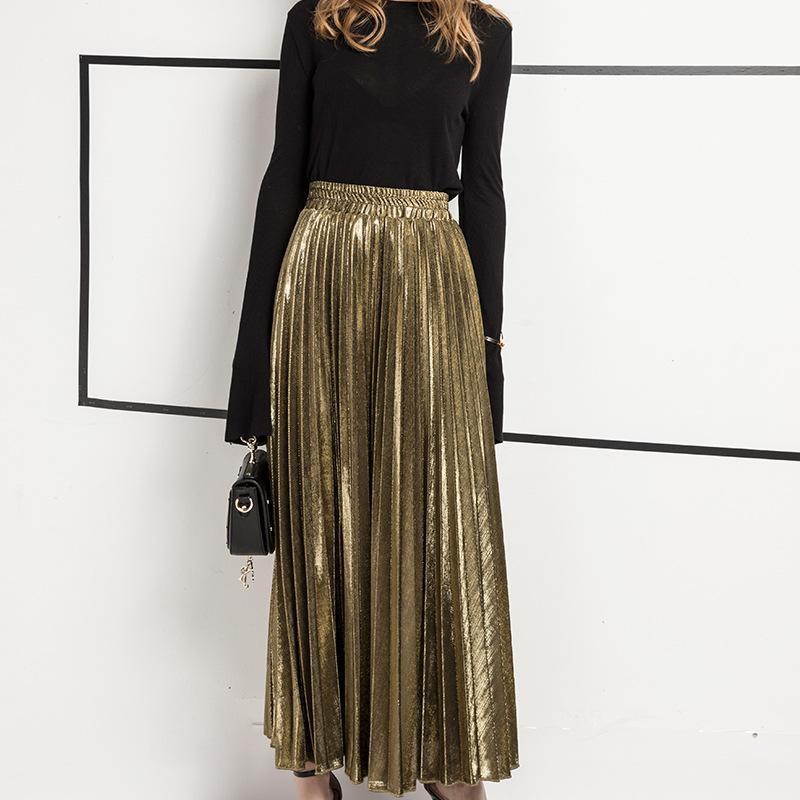 Jupe Longue Couleur Argent ou Or ll-match Slim Jupe Plissée