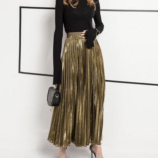 Jupe Longue Couleur Argent ou Or Slim Jupe Plissée