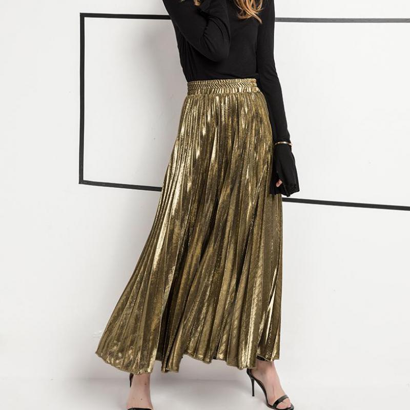 Jupe Longue Couleur Argent ou Or ll-match Slim Jupe Plissée