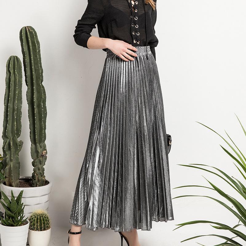 Jupe Longue Couleur Argent ou Or ll-match Slim Jupe Plissée