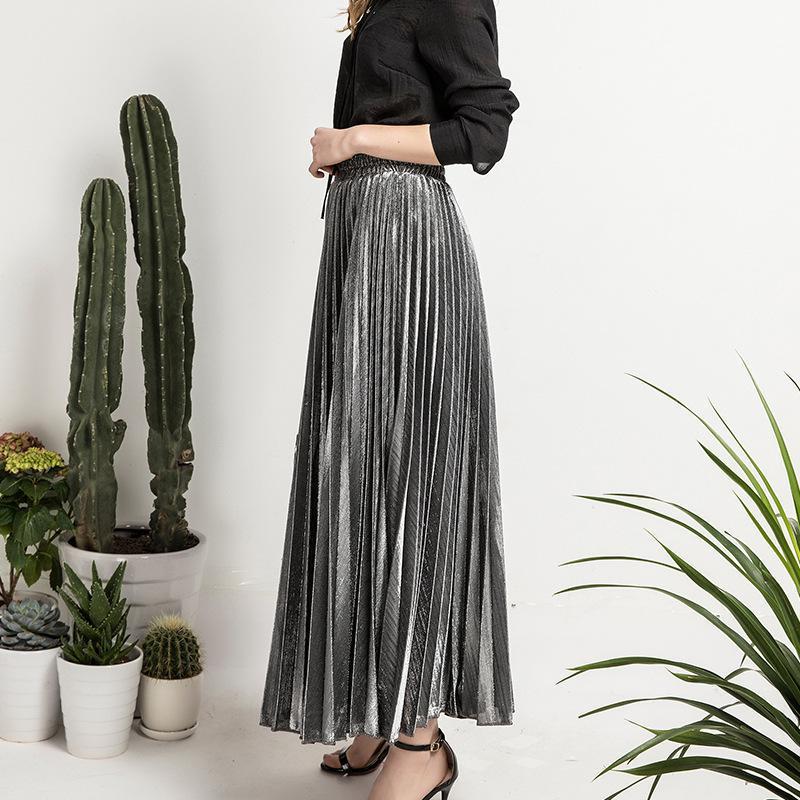 Jupe Longue Couleur Argent ou Or ll-match Slim Jupe Plissée