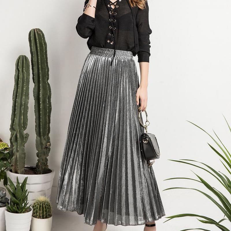 Jupe Longue Couleur Argent ou Or ll-match Slim Jupe Plissée