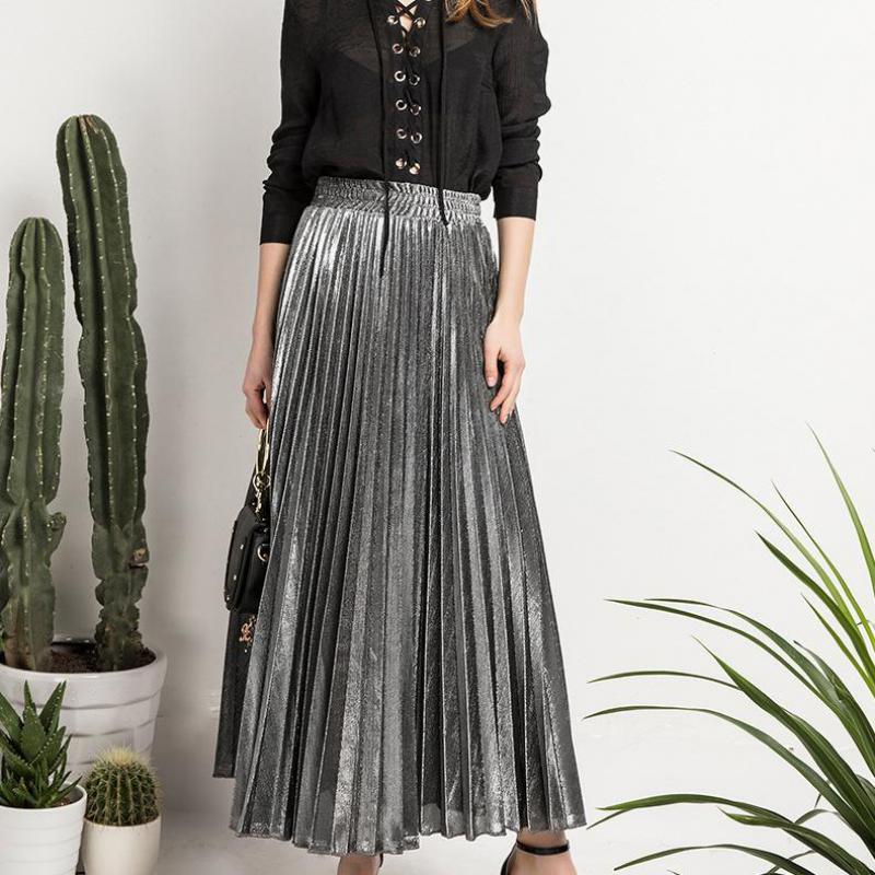 Jupe Longue Couleur Argent ou Or ll-match Slim Jupe Plissée