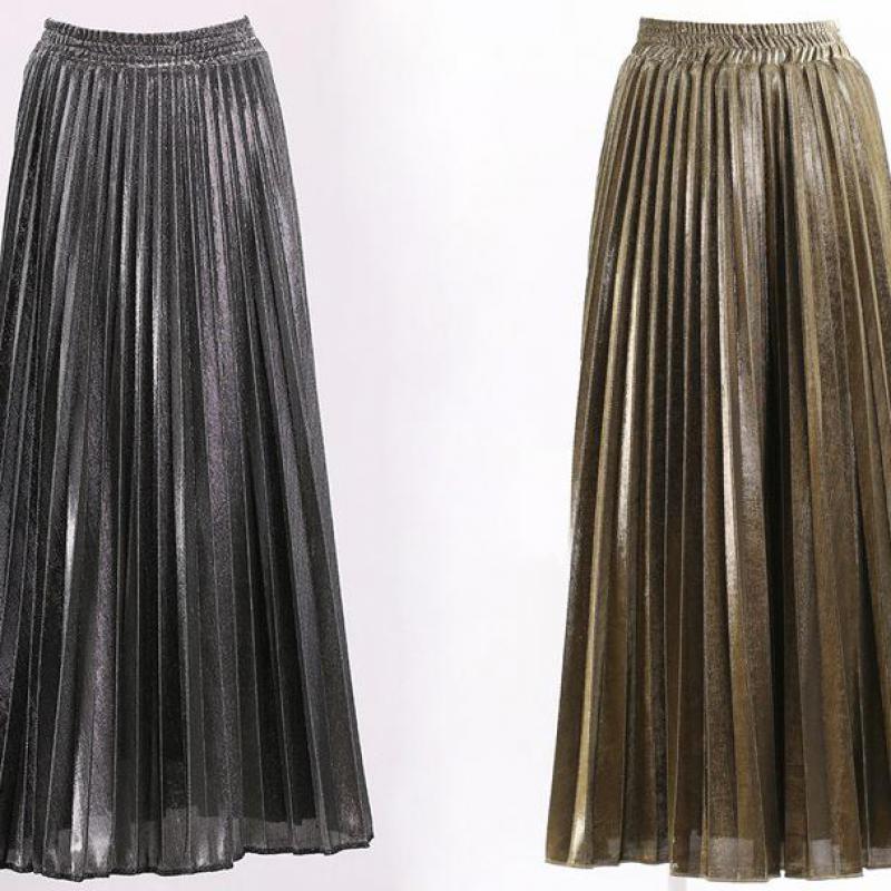 Jupe Longue Couleur Argent ou Or ll-match Slim Jupe Plissée