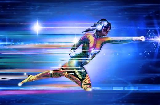 une femme super-héro avatar motivée le bras levé