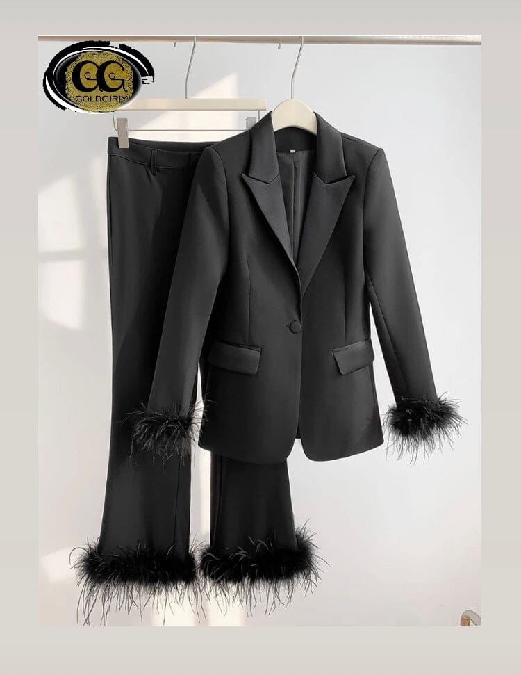 Ensemble de styliste douceur pour femmes, Slim, bouton unique, orné de plumes, Blazer et pantalon