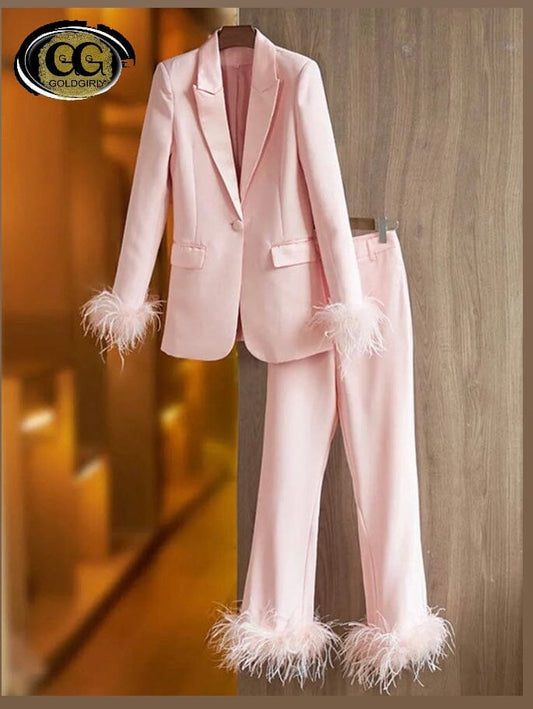 Ensemble de styliste douceur pour femmes, Slim, bouton unique, orné de plumes, Blazer et pantalon