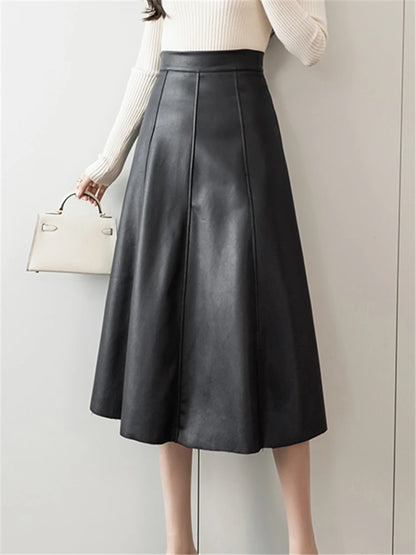 Jupe trapèze en similicuir noir pour femme, nouvelle collection automne-hiver, taille haute, style parapluie, couleur unie, chic, pour le bureau