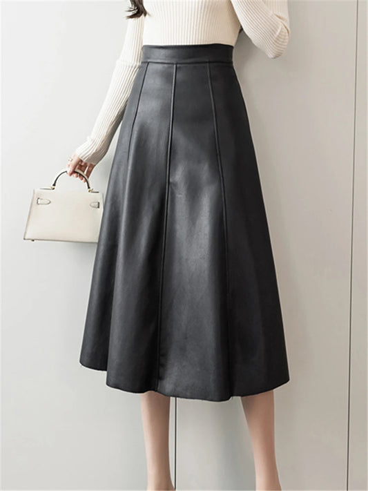 Jupe trapèze en similicuir noir pour femme, nouvelle collection automne-hiver, taille haute, style parapluie, couleur unie, chic, pour le bureau