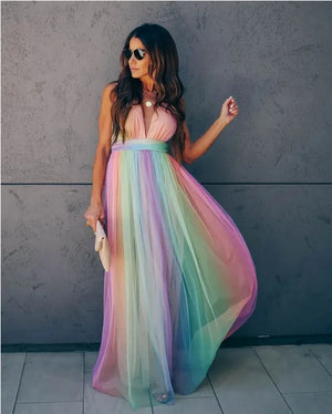 Robe sexy en maille arc-en-ciel à col en V profond pour femmes, taille haute, robe à bretelles, vêtements de plage, d'été, robe streetwear