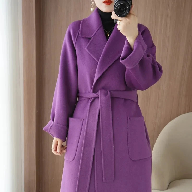 Manteau en laine 100% pour femme, vêtement Long et élégant en cachemire Double face avec ceinture, mode automne/hiver DIVERSES couleurs