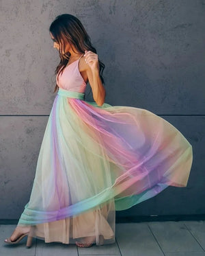Robe sexy en maille arc-en-ciel à col en V profond pour femmes, taille haute, robe à bretelles, vêtements de plage, d'été, robe streetwear