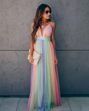 Robe sexy en maille arc-en-ciel à col en V profond pour femmes, taille haute, robe à bretelles, vêtements de plage, d'été, robe streetwear