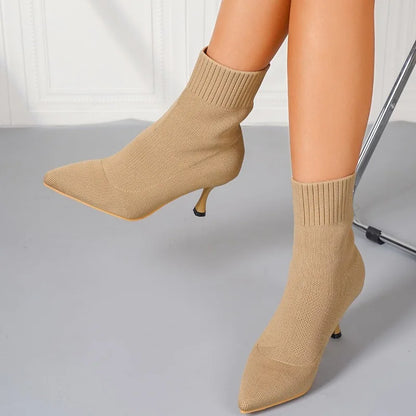 Bottines chaussettes tricoté élastique automne hiver talons aiguilles femme Slip-On bout pointu à talons hauts