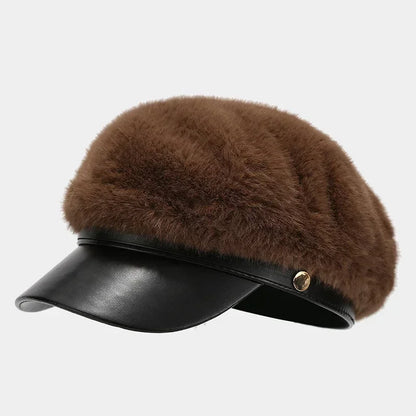 Béret vintage en fourrure douce pour femme, chapeau d'artiste polyvalent et luxueux pour fille, tient chaud en hiver, casquette octogonale à large bord rigide, bonnet mode