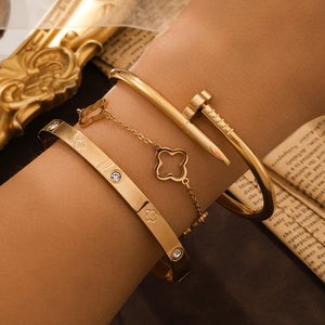 Magnifique ensemble de bracelets luxueux et exquis en acier inoxydable dorés à motif floral, idéal pour les voyages, les fêtes, les banquets, bijoux tendance.