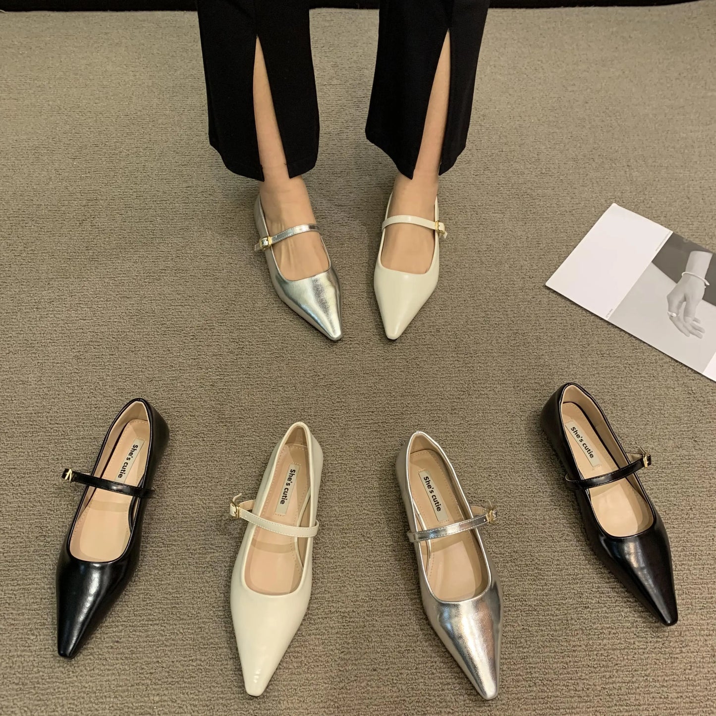 Chaussures ballerines pointues argentées, blanches ou noires tendance mode en cuir artificiel à semelle plate