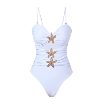 Maillot de bain une pièce coquillage blanc kaki nude femme, motif étoile de mer, plissé ajouré, monokini