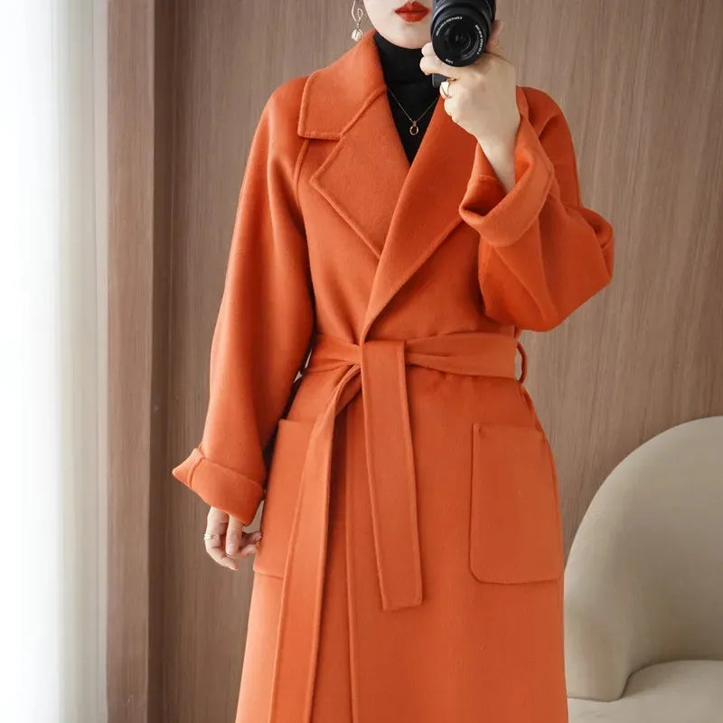Manteau en laine 100% pour femme, vêtement Long et élégant en cachemire Double face avec ceinture, mode automne/hiver DIVERSES couleurs