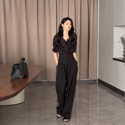 Pantalon taille Ultra haute à jambes larges, droit et tombant, pantalon de costume épais, à pinces noir ou crème