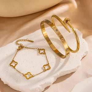 Magnifique ensemble de bracelets luxueux et exquis en acier inoxydable dorés à motif floral, idéal pour les voyages, les fêtes, les banquets, bijoux tendance.