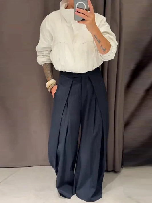 Pantalon ample décontracté à rayures pour femme, taille haute, plissé, droit, long, jambes larges, mode automne-hiver