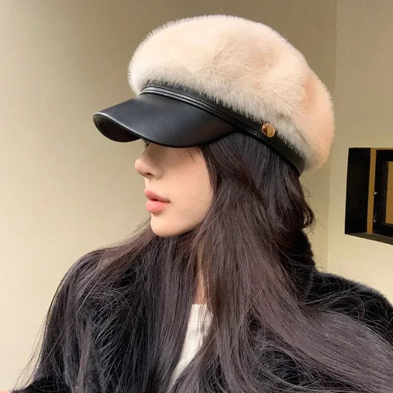 Béret vintage en fourrure douce pour femme, chapeau d'artiste polyvalent et luxueux pour fille, tient chaud en hiver, casquette octogonale à large bord rigide, bonnet mode