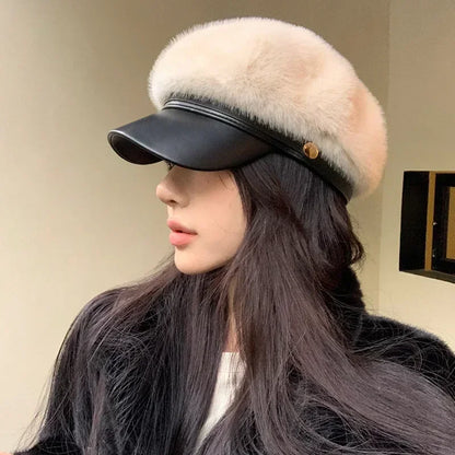 Béret vintage en fourrure douce pour femme, chapeau d'artiste polyvalent et luxueux pour fille, tient chaud en hiver, casquette octogonale à large bord rigide, bonnet mode