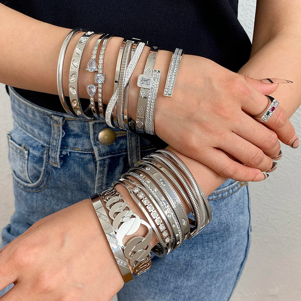 Bracelets tendance GoldGirly en acier inoxydable avec strass et zircone cubique pour femmes, couleur argent, bijoux