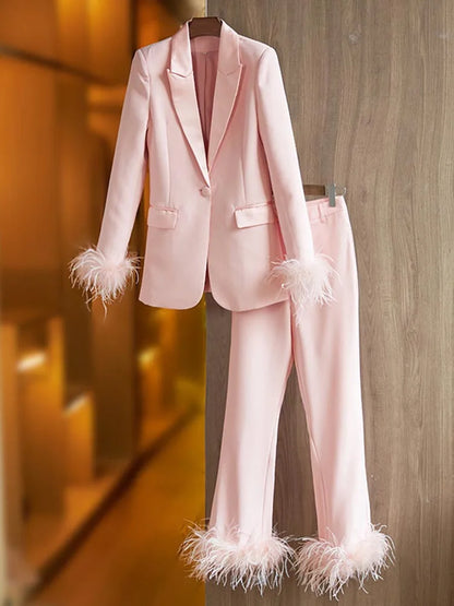 Ensemble de styliste douceur pour femmes, Slim, bouton unique, orné de plumes, Blazer et pantalon