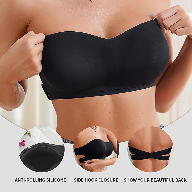 Soutien-gorge push-up sexy sans bretelles rembourré et amovible, sans coutures, en soie glacée, invisible, dos nu, antidérapant, épaules dénudées