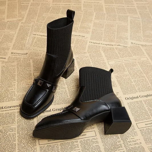 Bottines mocassins chaussettes élastiques pour femmes, bottines courtes à bout carré, à enfiler, Mode, nouvelle collection Hiver