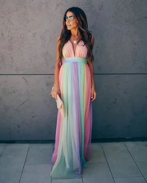 Robe sexy en maille arc-en-ciel à col en V profond pour femmes, taille haute, robe à bretelles, vêtements de plage, d'été, robe streetwear
