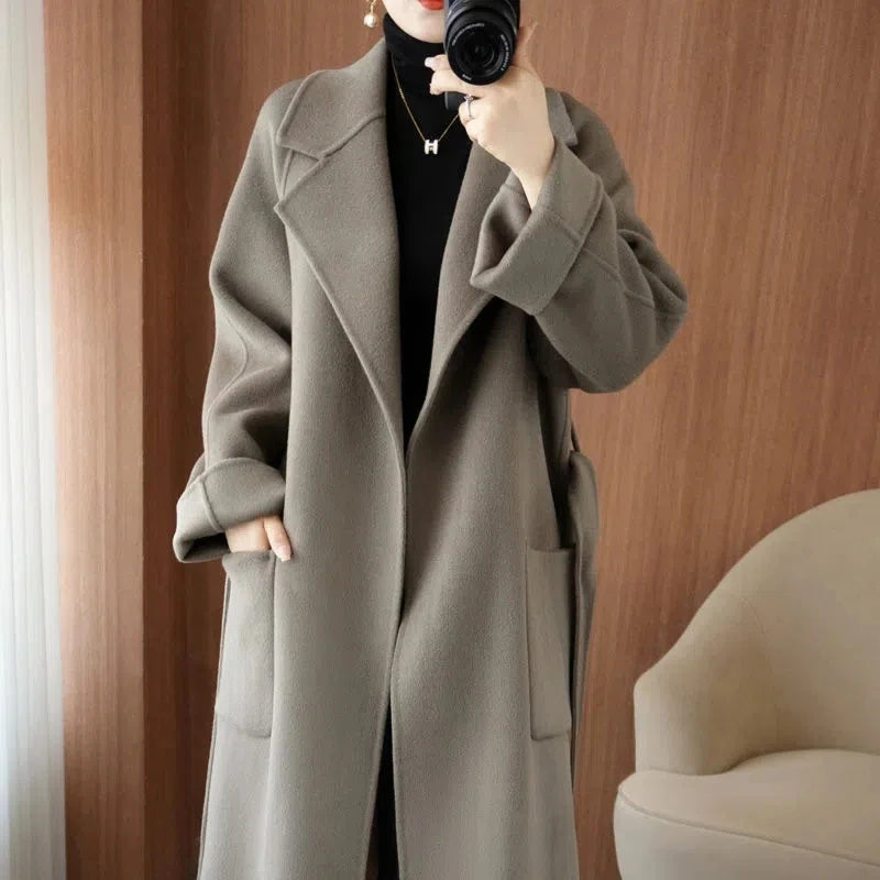 Manteau en laine 100% pour femme, vêtement Long et élégant en cachemire Double face avec ceinture, mode automne/hiver DIVERSES couleurs
