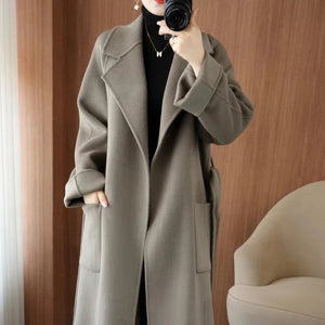 Manteau en laine 100% pour femme, vêtement Long et élégant en cachemire Double face avec ceinture, mode automne/hiver DIVERSES couleurs