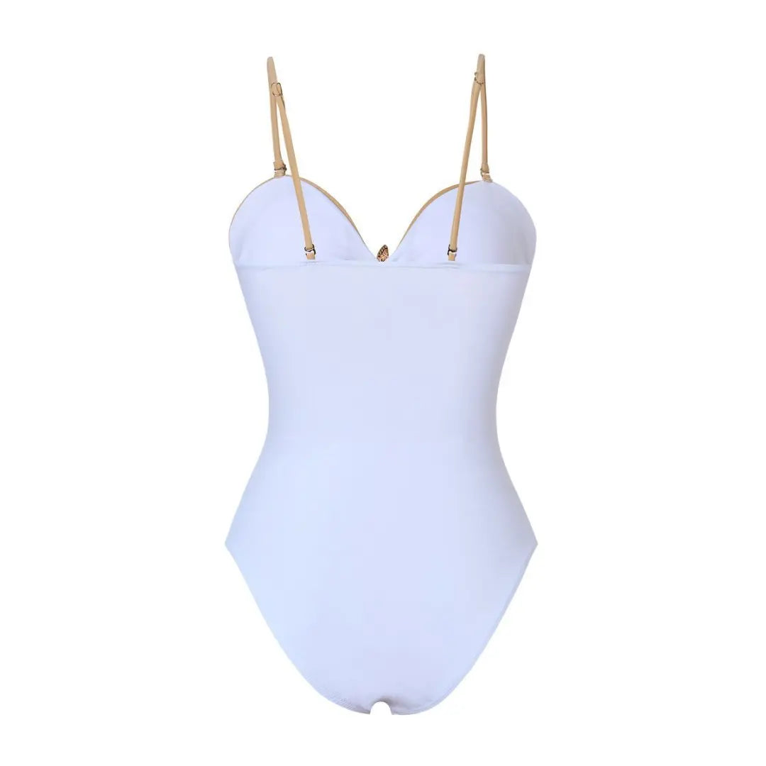 Maillot de bain une pièce coquillage blanc kaki nude femme, motif étoile de mer, plissé ajouré, monokini