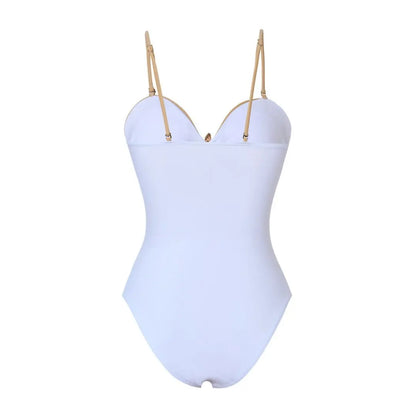 Maillot de bain une pièce coquillage blanc kaki nude femme, motif étoile de mer, plissé ajouré, monokini