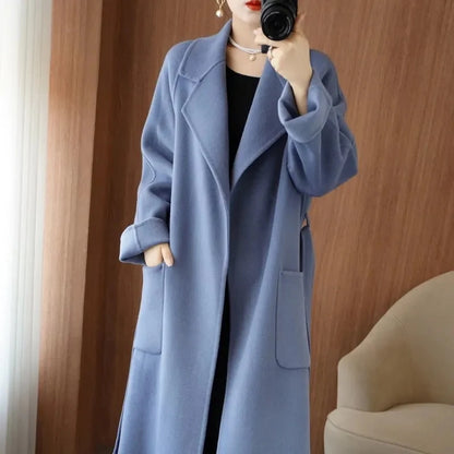 Manteau en laine 100% pour femme, vêtement Long et élégant en cachemire Double face avec ceinture, mode automne/hiver DIVERSES couleurs