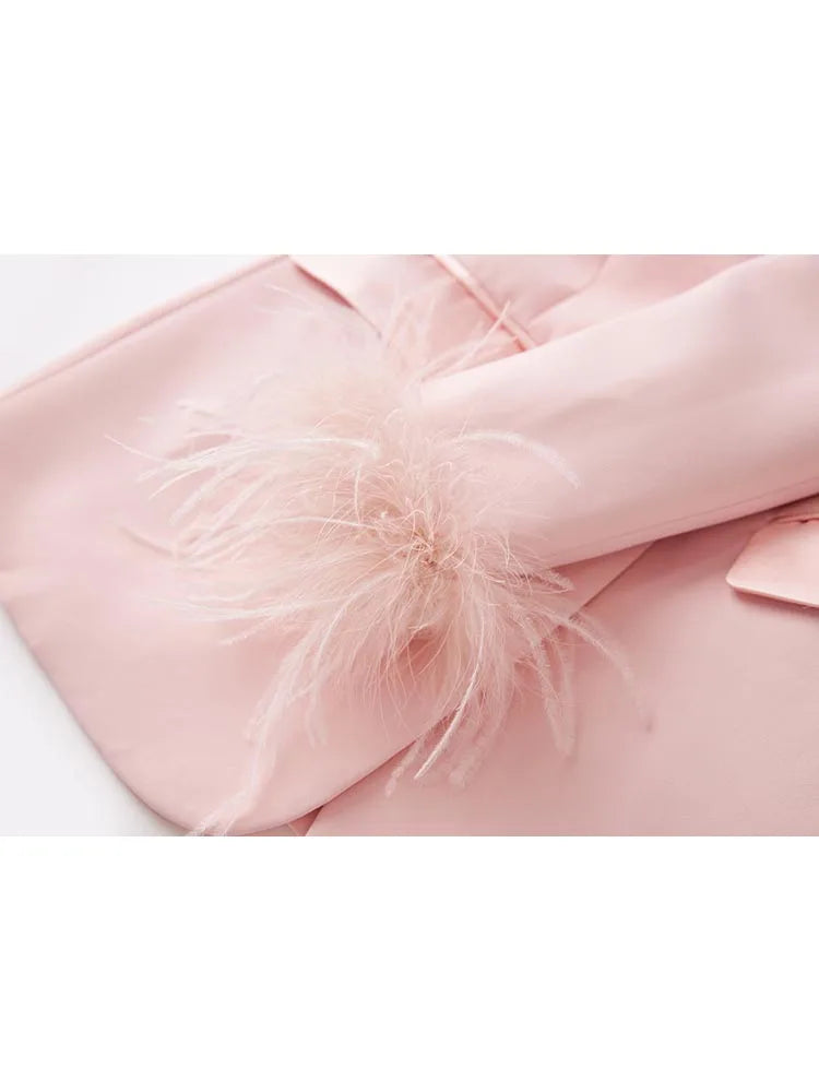 Ensemble de styliste douceur pour femmes, Slim, bouton unique, orné de plumes, Blazer et pantalon