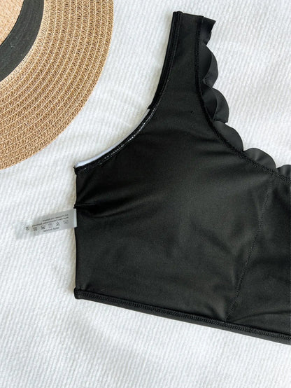 Bikini sexy noir et blanc à volants pour femme, maillot de bain une épaule push-up taille haute, idéal pour l'été et les vacances.