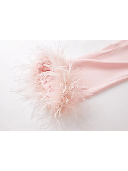 Ensemble de styliste douceur pour femmes, Slim, bouton unique, orné de plumes, Blazer et pantalon