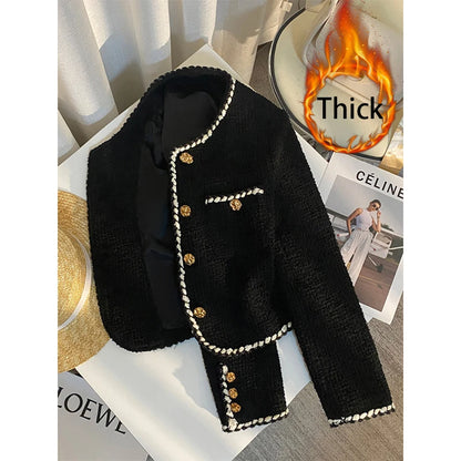 Veste en tweed noir pour femme, manteau matelassé court et élégant, blazer noir d'hiver pour femme, classique